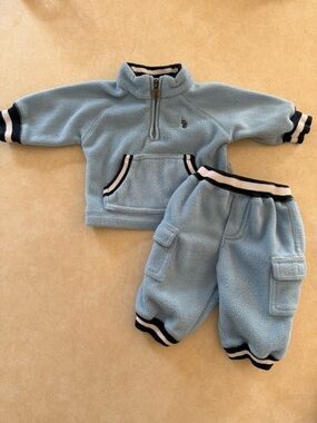 U.S. Polo Assn. Light Blue Fleece Infant 3/6 Month Matching Set with Navy Trim